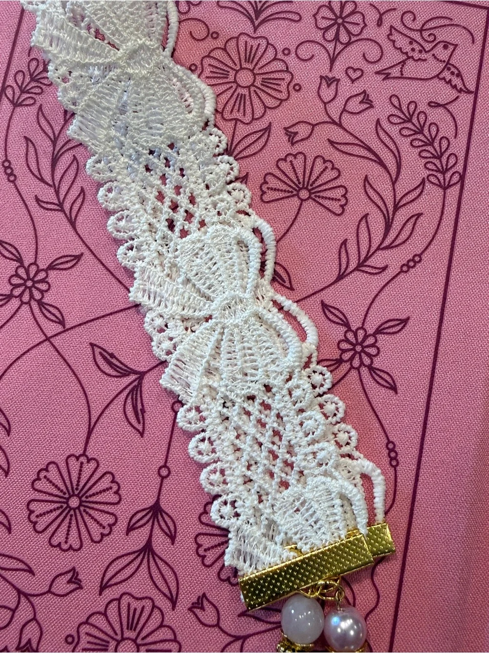 Lace Bookmark with beaded tassels and Gold Accents